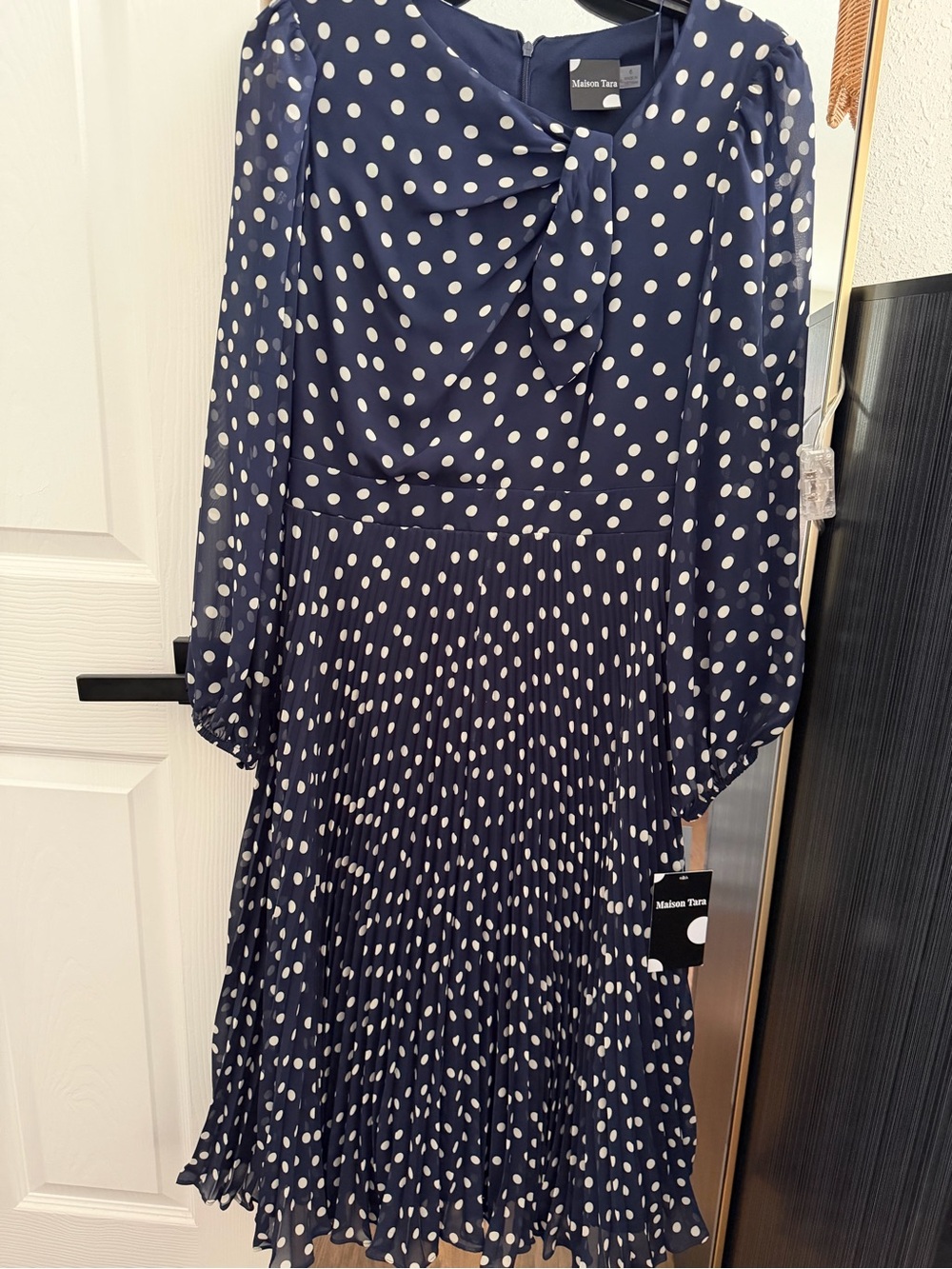 Maison Tara Navy and White Polka Dot Pleated Long-Sleeve Dress